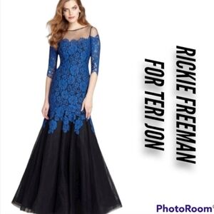 RICKIE FREEMAN FOR TERI JON Lace  Flounce Hem Floral Mermaid Blue Maxi
